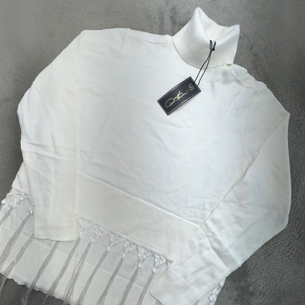 DG2 Diane Gilman White Turtleneck Sweater Fringe Trim Tassel Detail Size L NWT